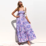 Wholesale American Clothing Summer Floral Dress Shirred Ruffle Maxi Casual Dresses Sexy Strapless Backless Beach Dress