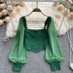 Spring Autumn Square Collar Blusas Women Vintage Elegant Shirts Backless Long Puff Sleeve Crop Top Ladies CHIC Sexy Club Blouses