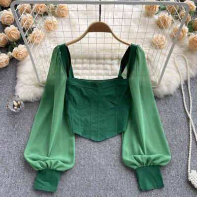 Spring Autumn Square Collar Blusas Women Vintage Elegant Shirts Backless Long Puff Sleeve Crop Top Ladies CHIC Sexy Club Blouses