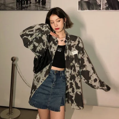 Retro Ladies Short Sleeve Buttons Women Loose Fashion Women Pattern Printed Casual Blouses Polo Shirts