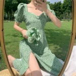 Summer Floral Dress Women New Elegant Skinny Split Midi Party Vintage Sexy Nigh Wedding Evening Green Flowers Dresses Woman