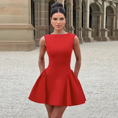 RedPeony Women Dress Mid Waist Sleeveless Backless Skirt Solid Color Party Dress Office Ladies Sexy A-Line Mini Evening Dress