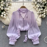 Court Style High-end Mesh Shirt for Women Autumn Ribbon Long Sleeved Satin Design Stunning Top Trend