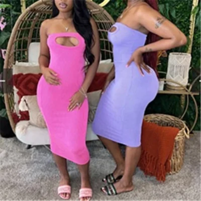 Ribbed Solid Strapless Hollow Out Sexy Slim Elegant Midi Dress Women Party Birthday Club Outfits