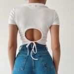 Polo Style Women Casual Turn Down Collar Casual Top  Latest Slim Fitting White Hollow Out Crop Tops