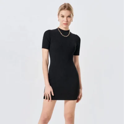 Stock Women Summer Knit Dress Short Sleeve Round Neck Casual Skinny Sexy Slim Office Lady Large Size Ice Silk Fabric Dress