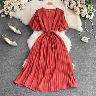 Summer Women Elegant Pleated Dress With Belt Casual Loose Square Collar Puff Sleeve Chiffon High Waist Office Ladies Dresses