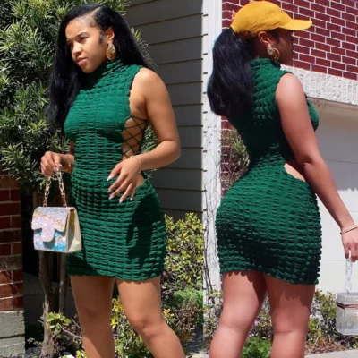 Summer Eco-Friendly Fashion Hot Selling High Neck Bodycon Dress for Women Sexy Sleeveless for Bandage Dress Hollow Mini Des