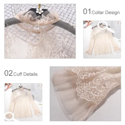 Women’s Lace Ruffled Transparent Blouse Shirt Long Sleeve Crochet Black Spring Shirts Women Summer Sexy Blouses and Tops
