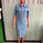 3558 Summer Women Fashion Sexy Flap Pocket High Stretch Split Hem Denim Dress
