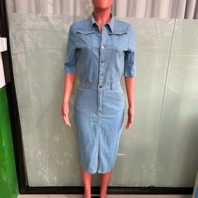 3558 Summer Women Fashion Sexy Flap Pocket High Stretch Split Hem Denim Dress