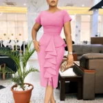 Trendy Career Dresses Short Sleeve Solid Color Hip Wrap Ruffle High Waist Office Lady Dresses for Women African Dress