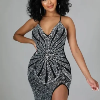 BH334 Women’s Sexy Gala Dress for Night Club Parties Straight Silhouette with Natural Waistline Rhinestone Crystal Decoration