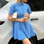 OOTN 2024 Women’s Short Sleeve Dresses Spring Fashion Blue Lapel Short Dresses Summer Office Ladies Casual Dresses