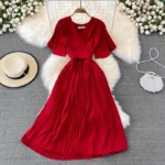 Manufacturer V-neck Pleated Dress Women Elegant Solid Color Korean Slim Casual Short Sleeve Chiffon Midi Dresses Office Ladies