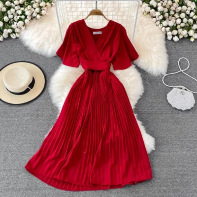 Manufacturer V-neck Pleated Dress Women Elegant Solid Color Korean Slim Casual Short Sleeve Chiffon Midi Dresses Office Ladies