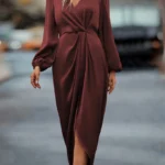 Women’s Satin Evening Party Maxi Dress Draped Silk V-Neck Long Sleeve Office Lady  Midi Dresses Vestidos Sexy Chic Robes Longue