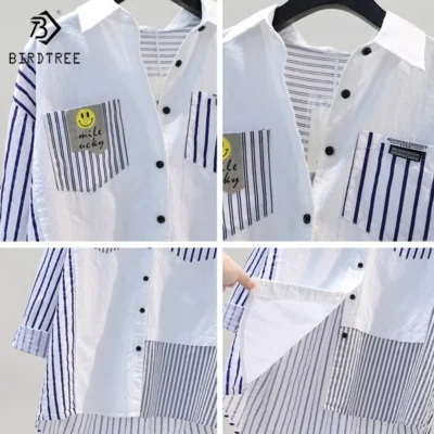 Medium Long Shirt Woman 2025 Spring New Loose Patchwork Embroidery Long Sleeves Pocket Cotton Blouses Shirts Tops for Au T31505X