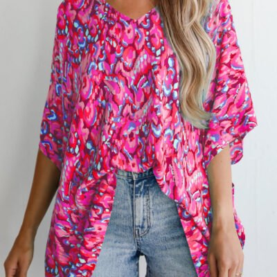 Pink Abstract Print V Neck Half Sleeve Loose Fit Tunic Blouse